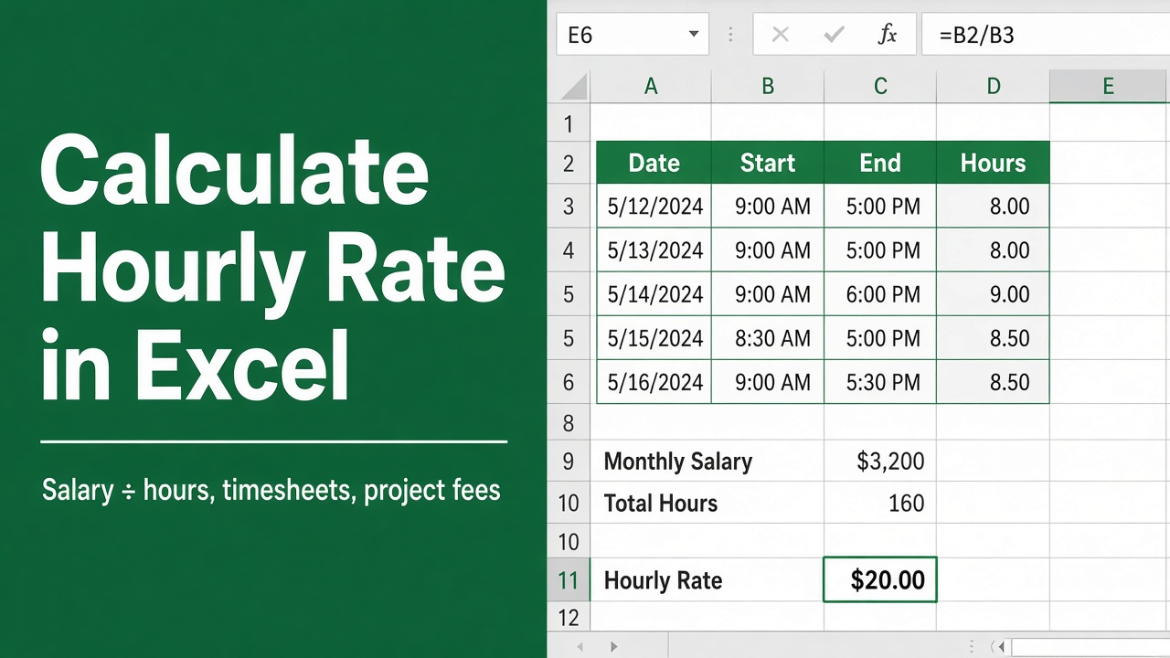 Excel timesheet calculating hourly rate from monthly salary and hours worked
