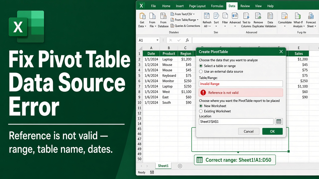 Excel Create PivotTable dialog showing data source reference is not valid error