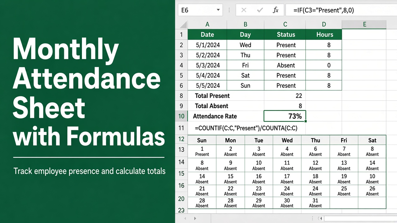 Create Monthly Attendance Sheet in Excel with Formula (File Included!) featured image